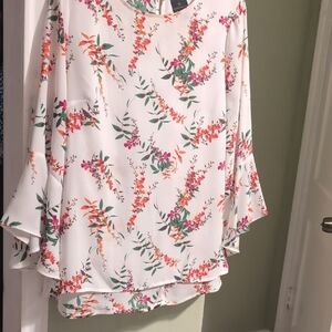 Worthington White Floral Blouse with Bell Sleeves